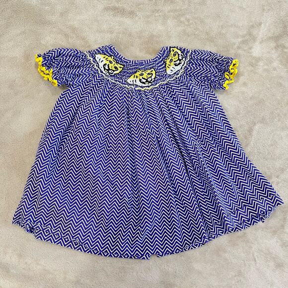LSU Tigers Smocked Chevron Baby Dress Banana Split Kids Size 9 Months - Picture 1 of 4